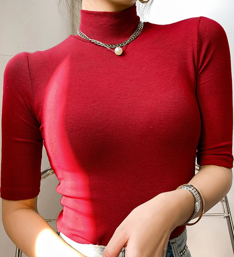 Camiseta básica feminina gola alta magro camiseta de manga curta camisetas femininas casual elasticidade branca camiseta femme mulher topo
