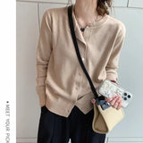 Cardigans e Suéteres Femininos 2026: Moda Coreana Casual, Quente, Primavera/Verão, Gola O, Manga Longa, Abotoamento Simples, Ajuste Slim, Tricôs e Blusas