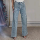 Calças de brim retas para mulheres calças de diamantes estiramento cintura alta lavado bolsos angustiados vintage denims streetwear calças femininas