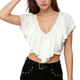 Blusas Cropped com Babados para Mulheres, Elegantes, em Cores Sólidas, com Detalhes em Renda e Decote em V com Amarração nas Costas