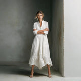 Vestidos Longos Casuais Brancos para Mulheres 2026: Vestido Maxi Elegante Solto com Manga Longa e Decote V em A