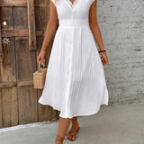 Vestido casual de renda branca para mulheres, moda manga curta, decote em v, cintura alta, vestidos soltos, elegante, festa de férias, verão