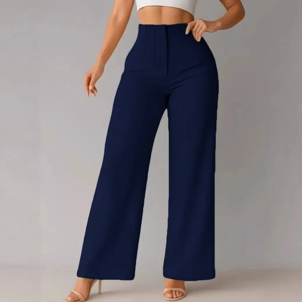 Calças Femininas de Cintura Alta com Pernas Largas, Elegantes e Sob Medida, Calças Retas para Trabalho no Escritório, Calças Casuais Confortáveis