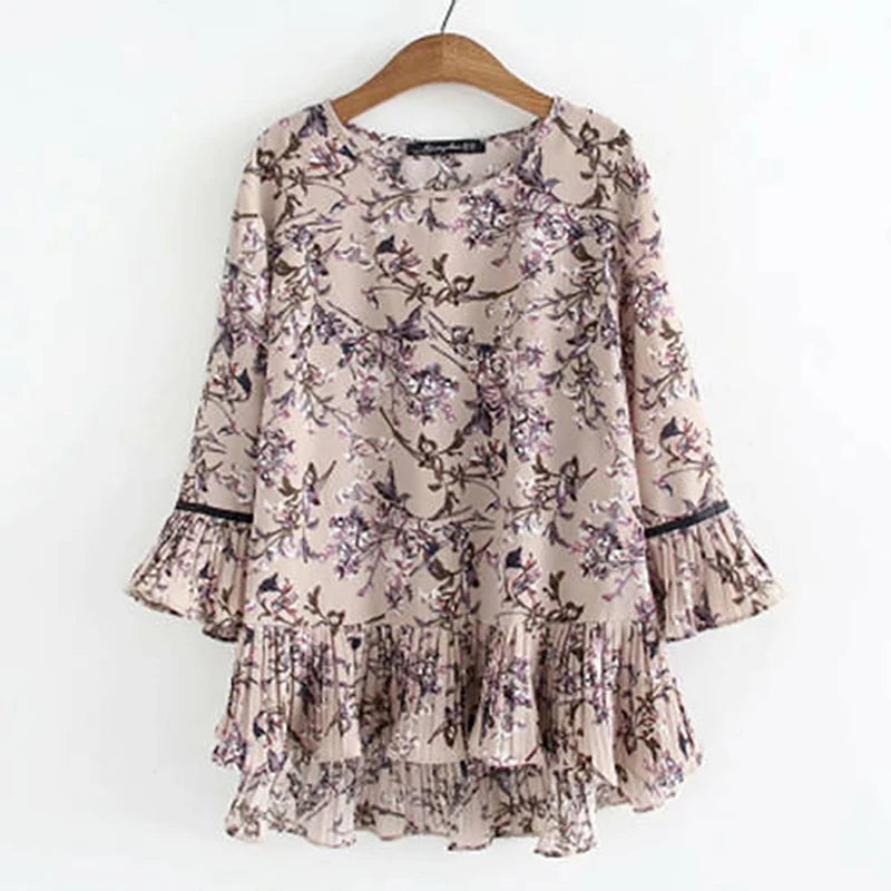 Túnica feminina elegante de babados em chiffon, blusa floral, roupas femininas, tops casuais soltos, verão, 5XL, V2183