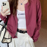 Cardigans e Suéteres Femininos 2026: Moda Coreana Casual, Quente, Primavera/Verão, Gola O, Manga Longa, Abotoamento Simples, Ajuste Slim, Tricôs e Blusas
