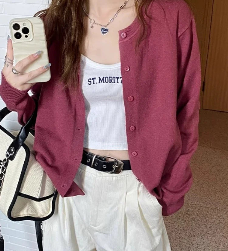 Cardigans e Suéteres Femininos 2026: Moda Coreana Casual, Quente, Primavera/Verão, Gola O, Manga Longa, Abotoamento Simples, Ajuste Slim, Tricôs e Blusas