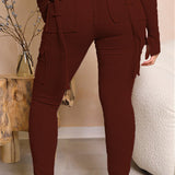 Calça de carga longa feminina, sexy slim fit, cordão casual, bolso com botões de emenda, calça reta, renda para cima, cintura elástica alta