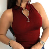 Regata feminina sexy com nervuras – ajuste fino elástico de alta elasticidade, gola alta e alças largas com zíper frontal, semitransparente bl