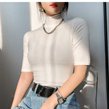 Camiseta básica feminina gola alta magro camiseta de manga curta camisetas femininas casual elasticidade branca camiseta femme mulher topo