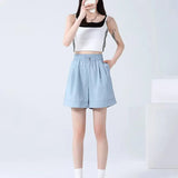 Shorts Casuais Femininos de Perna Larga para o Verão, Finos, Modelo A-line, Calças de Moletom com Cordão, Macacão Curto Feminino da Moda