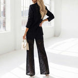 Conjunto Elegante de Blazer de Renda Sólida 2 Peças para Mulheres, Blazer de Manga Longa + Calças de Perna Larga, Traje de Festa com Botão Único para Escritório