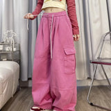 Calça japonesa de perna larga cargo, de cintura alta, solta, fina, reta, monocromática, feminina, de rua, básico, casual