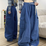 Calça japonesa de perna larga cargo, de cintura alta, solta, fina, reta, monocromática, feminina, de rua, básico, casual