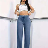 Calças Jeans Femininas de Corte Reto com Cintura Elástica e Cordão, Confortáveis e Casuais em Denim Stretch