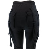 Calça de carga longa feminina, sexy slim fit, cordão casual, bolso com botões de emenda, calça reta, renda para cima, cintura elástica alta