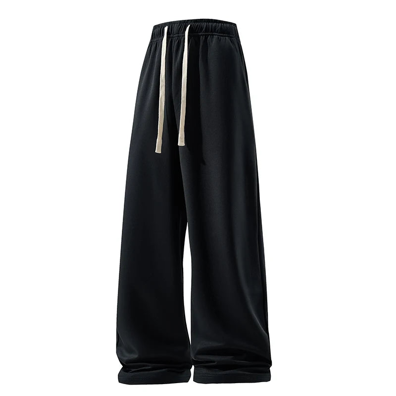 Calça de perna larga moda causal respirável moletom masculino outono versátil elástico cintura alta cordão solto calças retas