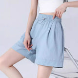 Shorts Casuais Femininos de Perna Larga para o Verão, Finos, Modelo A-line, Calças de Moletom com Cordão, Macacão Curto Feminino da Moda