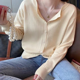 Cardigans e Suéteres Femininos 2026: Moda Coreana Casual, Quente, Primavera/Verão, Gola O, Manga Longa, Abotoamento Simples, Ajuste Slim, Tricôs e Blusas