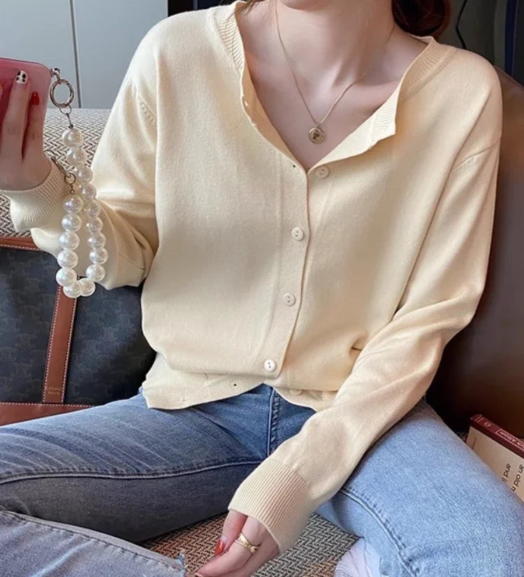 Cardigans e Suéteres Femininos 2026: Moda Coreana Casual, Quente, Primavera/Verão, Gola O, Manga Longa, Abotoamento Simples, Ajuste Slim, Tricôs e Blusas