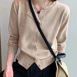 Cardigans e Suéteres Femininos 2026: Moda Coreana Casual, Quente, Primavera/Verão, Gola O, Manga Longa, Abotoamento Simples, Ajuste Slim, Tricôs e Blusas