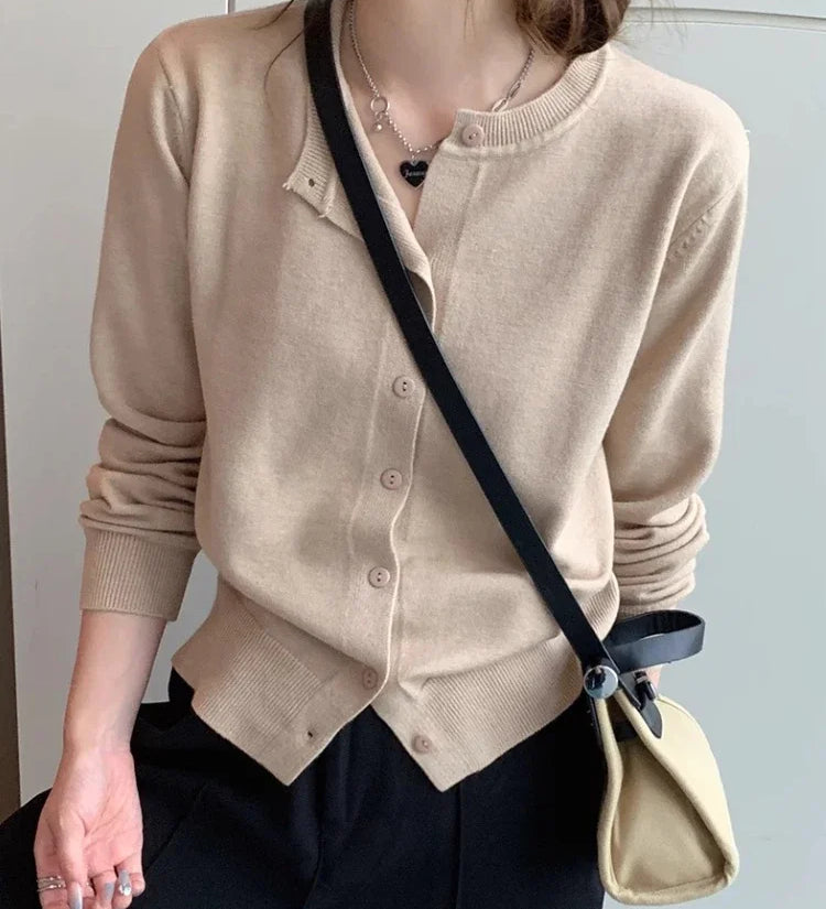 Cardigans e Suéteres Femininos 2026: Moda Coreana Casual, Quente, Primavera/Verão, Gola O, Manga Longa, Abotoamento Simples, Ajuste Slim, Tricôs e Blusas