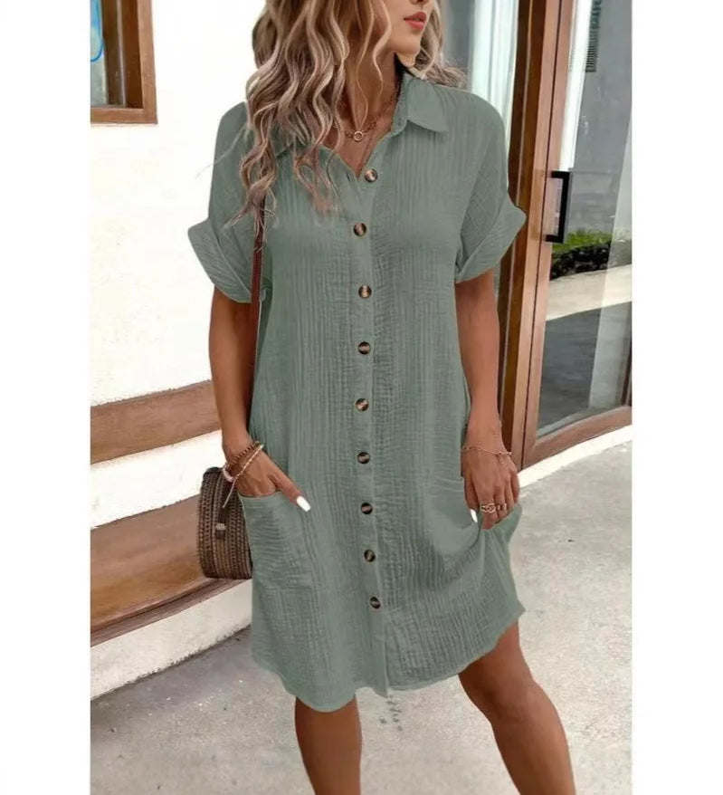 Vestidos Casuais Femininos, Vestido de Cor Sólida, Pullover de Comprimento Médio, Vestido Solto de Manga Curta, Roupas Femininas de Verão