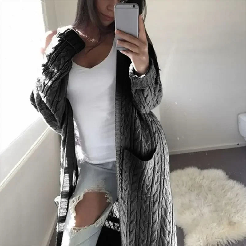 Cardigans Longos Femininos de Algodão para Outono 2026, Suéter Tricotado Grosso para Primavera e Inverno, com Bolso, Cores Amarelo, Rosa e Cinza, Moda Feminina