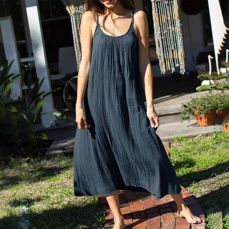 Casual 100% algodão verão vestido longo feminino solto sólido sem mangas sem costas streetwear elegante vestido feminino vestidos robe