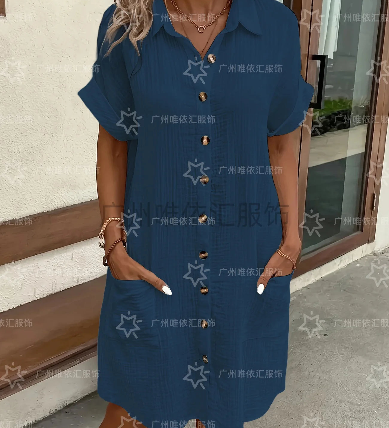 Vestidos Casuais Femininos, Vestido de Cor Sólida, Pullover de Comprimento Médio, Vestido Solto de Manga Curta, Roupas Femininas de Verão