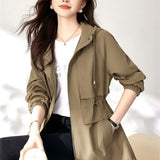 Trench coat feminino 2025 nova primavera outono roupas com capuz blusão jaqueta feminina outerwear topos fino coringa casual estudante casacos