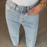 Calças de brim retas para mulheres calças de diamantes estiramento cintura alta lavado bolsos angustiados vintage denims streetwear calças femininas