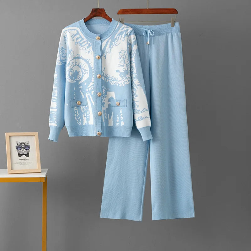 Design coreano de malha 2 peças conjuntos feminino o pescoço único breasted camisola cardigan topos conjuntos cintura alta calças retas outfit