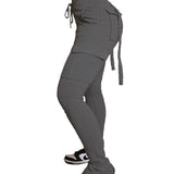 Calça de carga longa feminina, sexy slim fit, cordão casual, bolso com botões de emenda, calça reta, renda para cima, cintura elástica alta