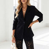 Conjunto Elegante de Blazer de Renda Sólida 2 Peças para Mulheres, Blazer de Manga Longa + Calças de Perna Larga, Traje de Festa com Botão Único para Escritório