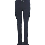 Calça de carga longa feminina, sexy slim fit, cordão casual, bolso com botões de emenda, calça reta, renda para cima, cintura elástica alta