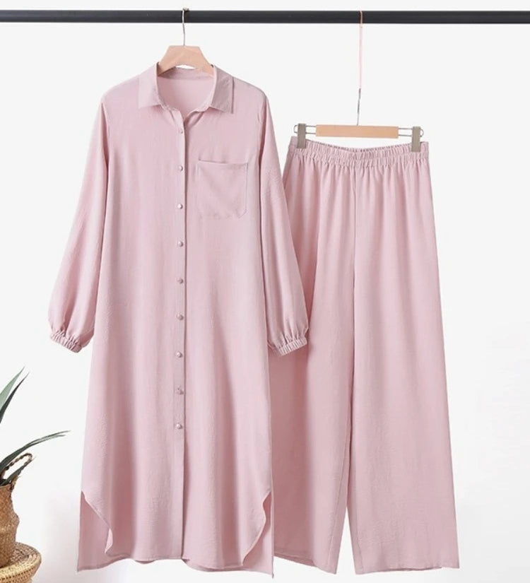 Vestido muçulmano casual para mulheres, camisa de manga comprida e roupas de bebê, vestidos abotoados, árabe saudita, Dubai, outono, conjunto de 2 peças, 2023