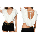 Blusas Cropped com Babados para Mulheres, Elegantes, em Cores Sólidas, com Detalhes em Renda e Decote em V com Amarração nas Costas