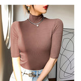 Camiseta básica feminina gola alta magro camiseta de manga curta camisetas femininas casual elasticidade branca camiseta femme mulher topo