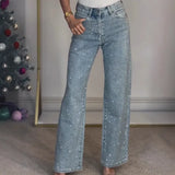 Calças de brim retas para mulheres calças de diamantes estiramento cintura alta lavado bolsos angustiados vintage denims streetwear calças femininas