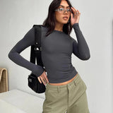 Camisetas casuais de manga comprida femininas, streetwear feminino, camiseta de base, pulôveres, tops slim fit, monocromáticas, primavera, outono