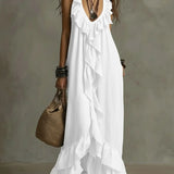 Vestido Casual Solto de Verão e Primavera, Cor Sólida, Elegante, Estilo Boêmio, Com Babados, Cintura Solta, Sem Mangas, Decote em V, Vestidos Longos