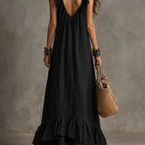Vestido Casual Solto de Verão e Primavera, Cor Sólida, Elegante, Estilo Boêmio, Com Babados, Cintura Solta, Sem Mangas, Decote em V, Vestidos Longos