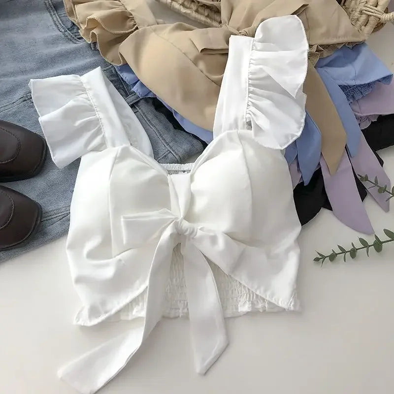 Top curto com babados para as mulheres, sexy, elegante, simples, streetwear, vintage, férias de verão, casual, jovem, estética, todos os jogos, ulzzang, novo