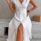 Vestido casual de renda branca para mulheres, moda manga curta, decote em v, cintura alta, vestidos soltos, elegante, festa de férias, verão