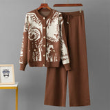 Design coreano de malha 2 peças conjuntos feminino o pescoço único breasted camisola cardigan topos conjuntos cintura alta calças retas outfit