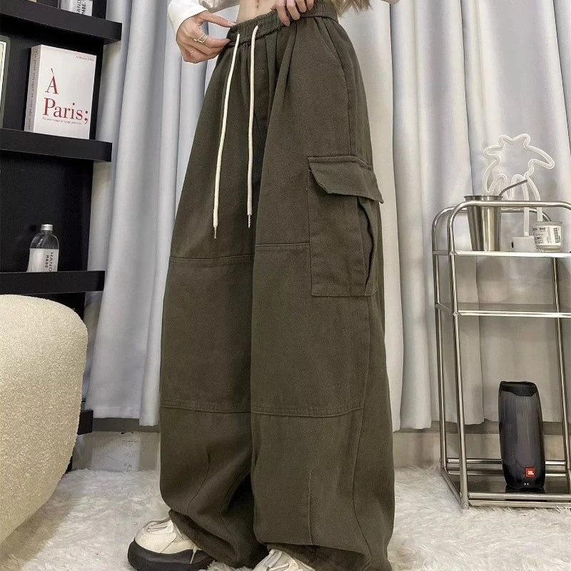 Calça japonesa de perna larga cargo, de cintura alta, solta, fina, reta, monocromática, feminina, de rua, básico, casual
