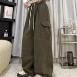 Calça japonesa de perna larga cargo, de cintura alta, solta, fina, reta, monocromática, feminina, de rua, básico, casual