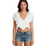Blusas Cropped com Babados para Mulheres, Elegantes, em Cores Sólidas, com Detalhes em Renda e Decote em V com Amarração nas Costas