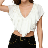 Blusas Cropped com Babados para Mulheres, Elegantes, em Cores Sólidas, com Detalhes em Renda e Decote em V com Amarração nas Costas