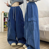Calça japonesa de perna larga cargo, de cintura alta, solta, fina, reta, monocromática, feminina, de rua, básico, casual